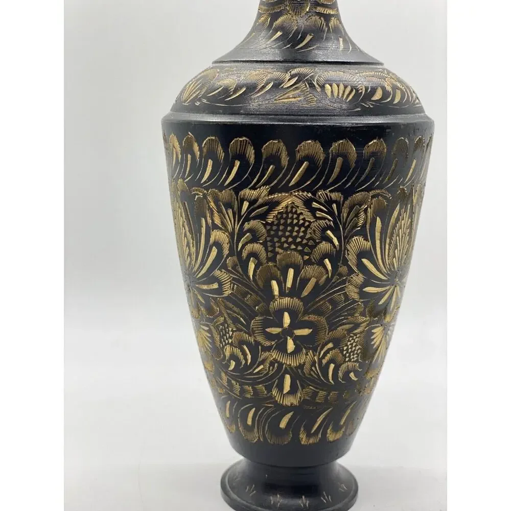 Vintage Collectible Black Gold Brass Hand Etched Indian Vase